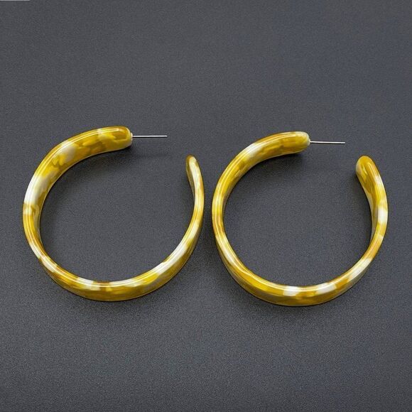 Yellow with Pearly White Swirl Acrylic Chunky Open Hoop Post Back Earrings - Picture 2 of 11